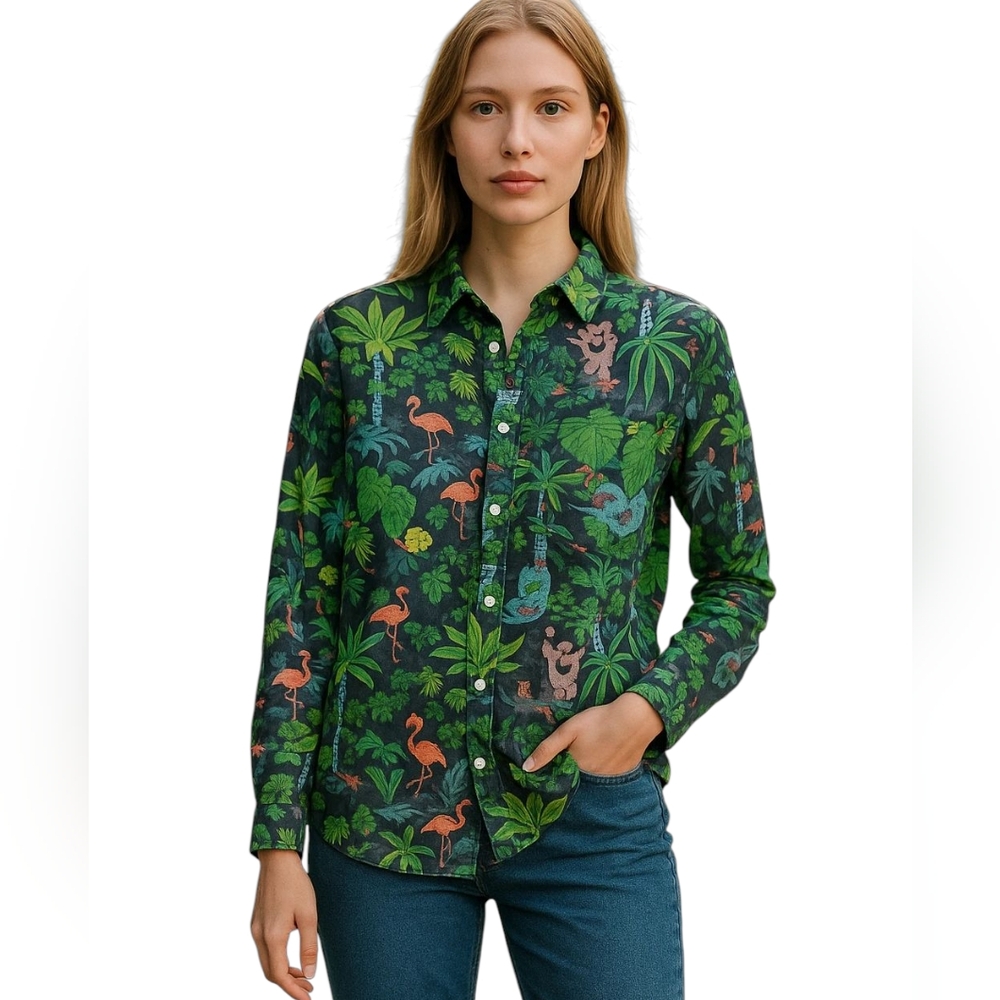 Tizzie Colorful Tropical Flamingo Cactus Pattern Button Down Shirt Women Size XS